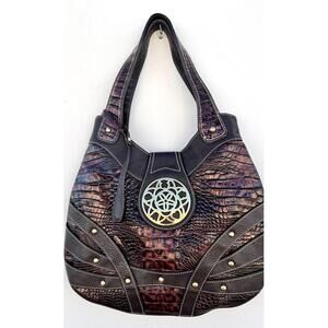TOUS Barcelona Brown Croc Embossed Leather Hobo Bag Large Gold Flower Medallion